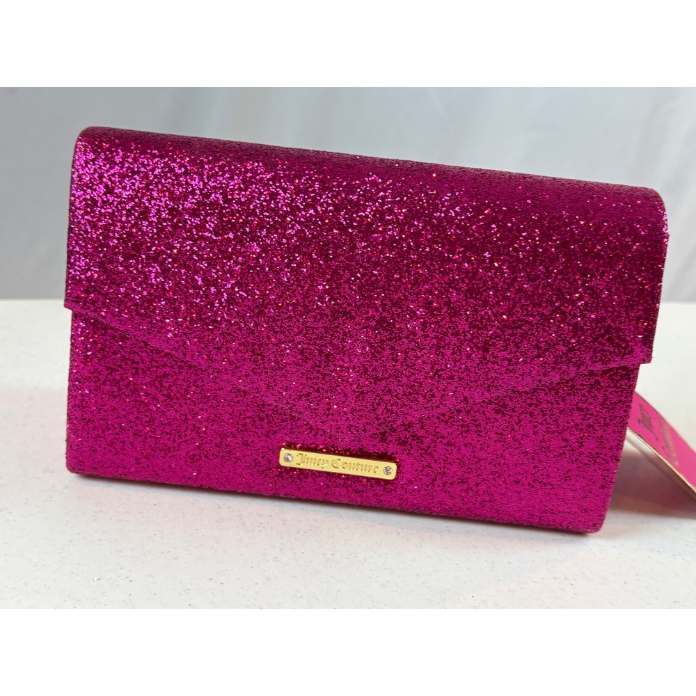 Juicy Couture Pink Glitter Envelope Clutch Bag Gold Logo New NWT